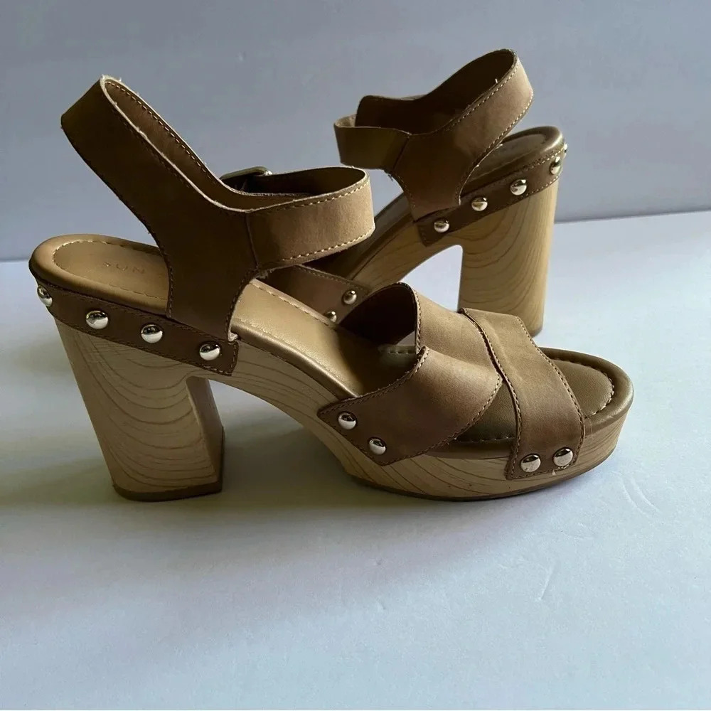 Sun + Stone Womens Delestep Tan Faux Leather Ankle Strap Block Heels Size‎ 9 - Picture 7 of 11